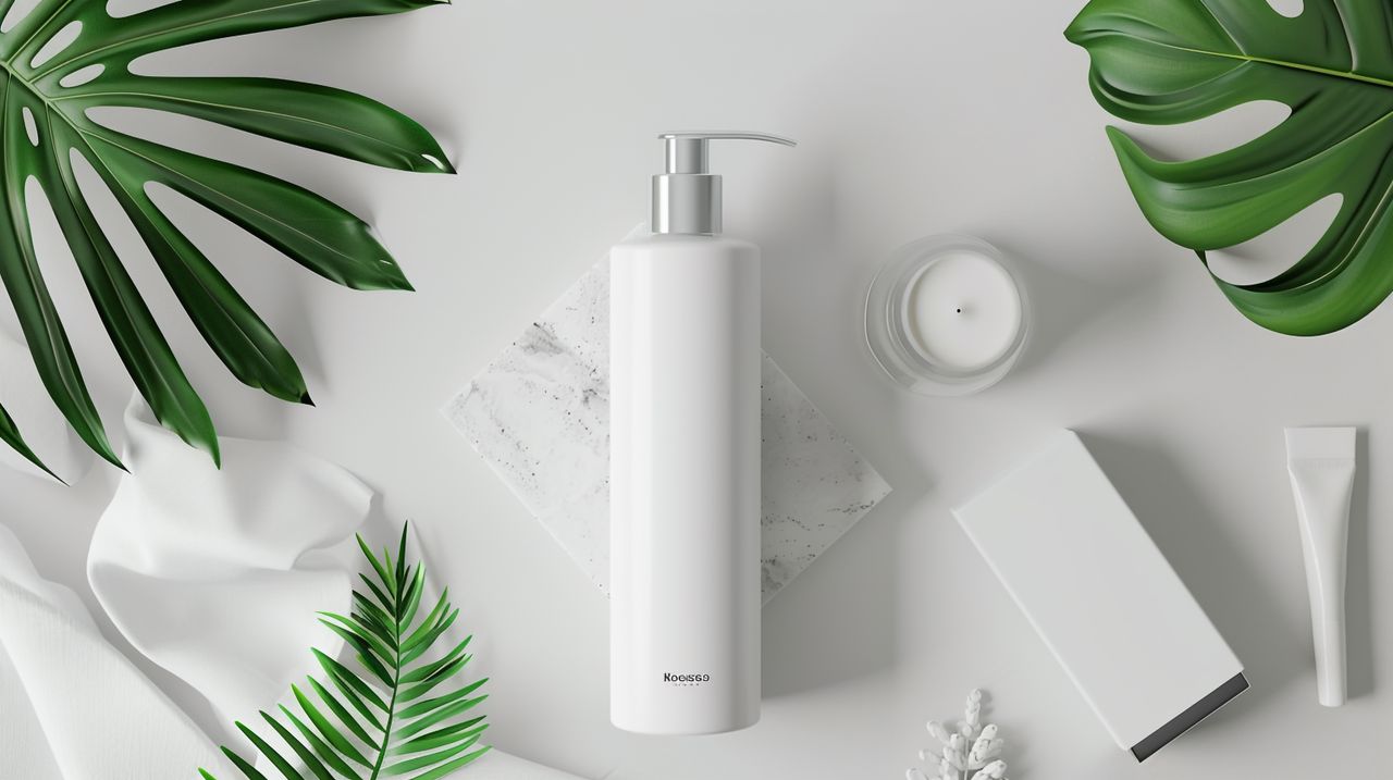 Minimalist spa products arrangement with lush green leaves and white elements creating a fresh and modern look.